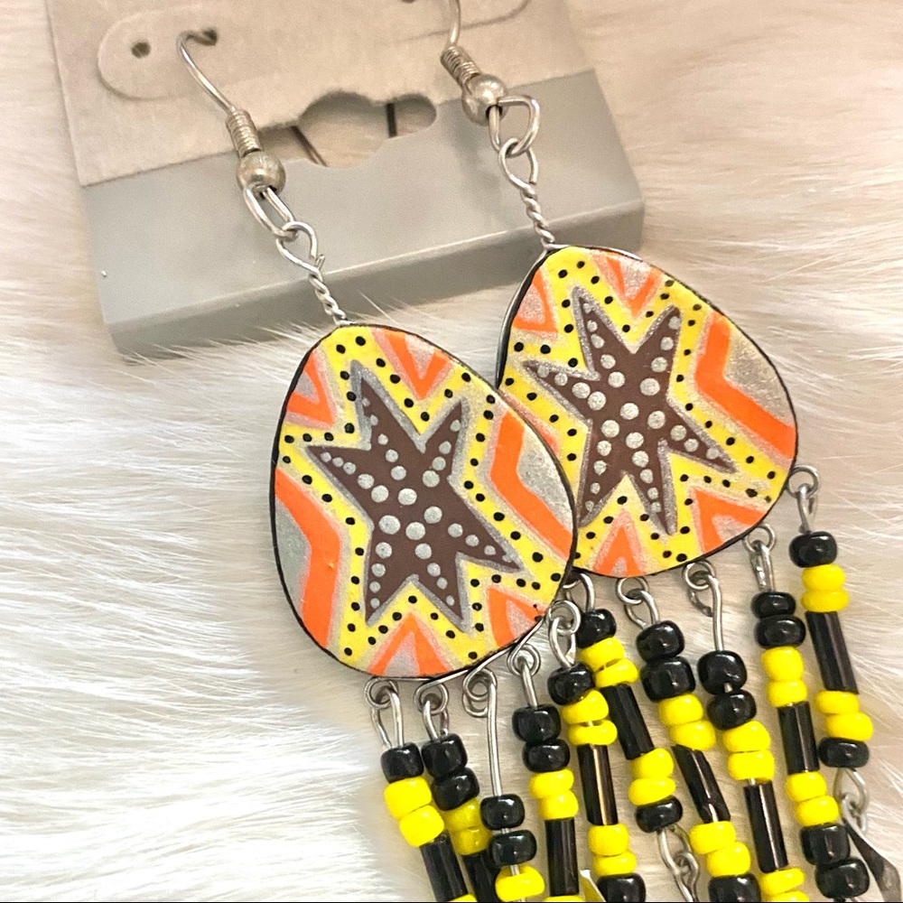 Colorful Star Printed Earrings With Beaded Fringe